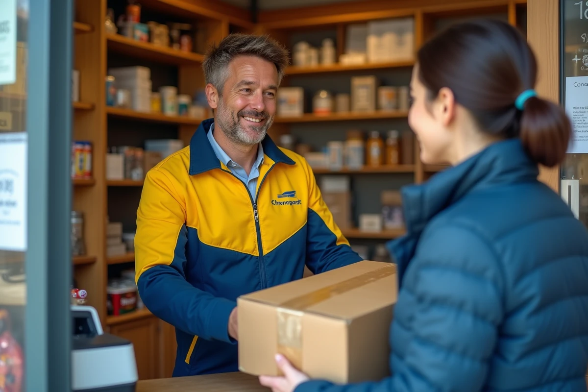 Livreur Chronopost déposant un colis dans un commerce de proximité servant de point relais alternatif pour les clients