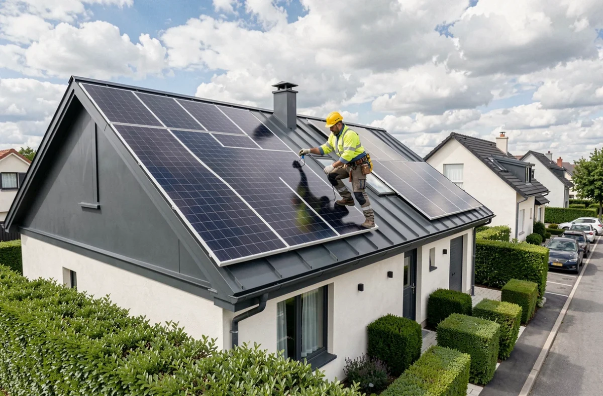 Technicien de Lorrelec intégrant des panneaux solaires photovoltaïques sur un toit métallique moderne à Vandœuvre-lès-Nancy
