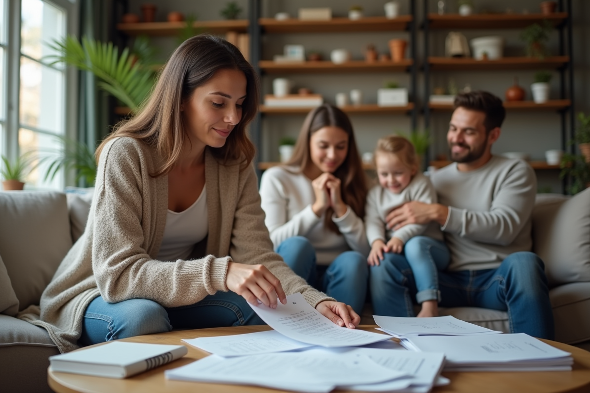 Maman organise reçus et documents dans le salon familial