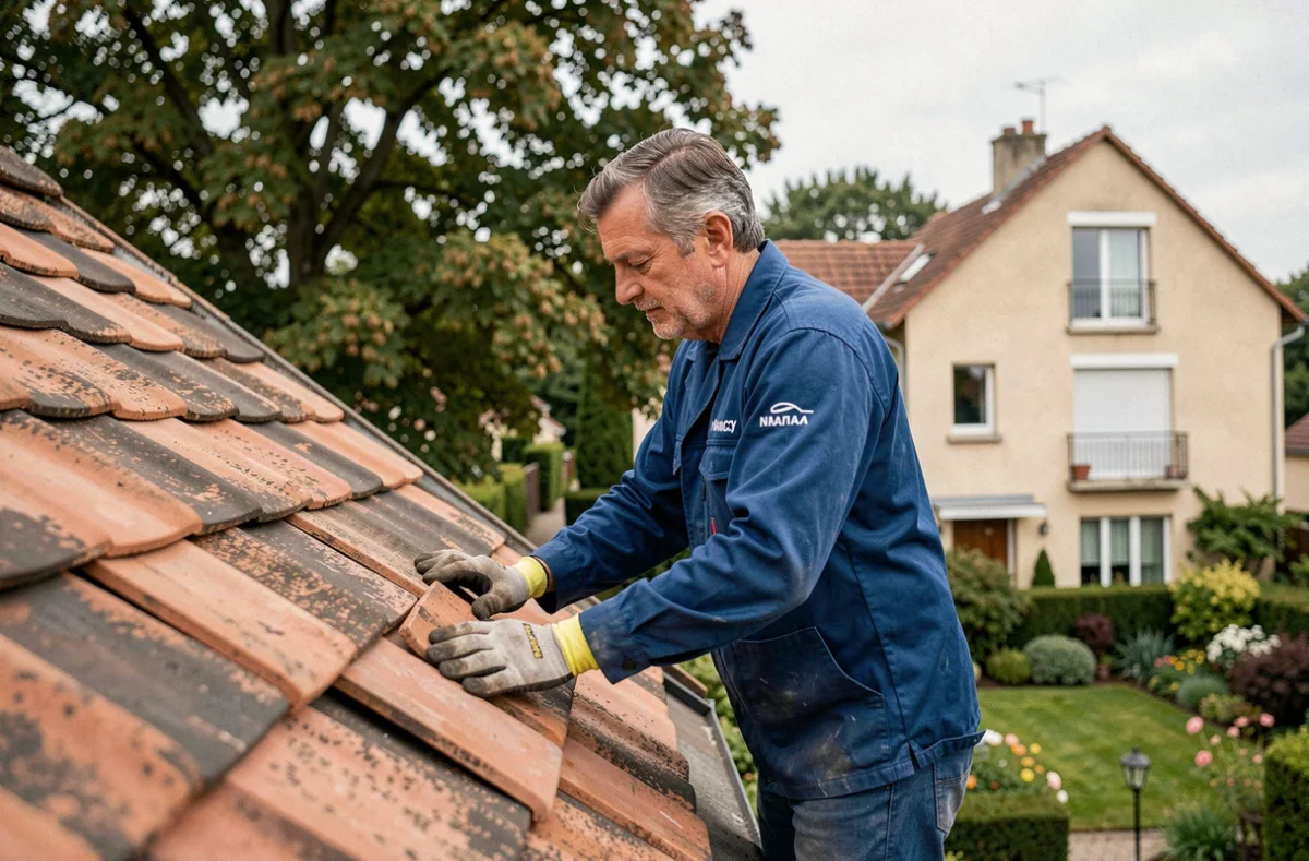 Artisan de Marchal Couverture posant des tuiles sur un toit résidentiel en banlieue de Nancy