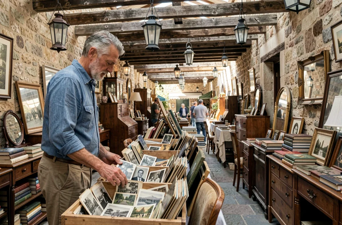Homme parcourant des cartes postales vintage dans un marché aux puces couvert sur la Côte d'Azur