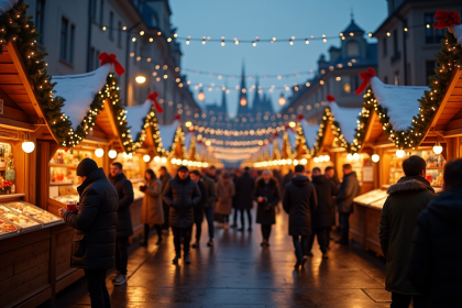 Marché de Noël à Reims au crépuscule avec foule et lumières