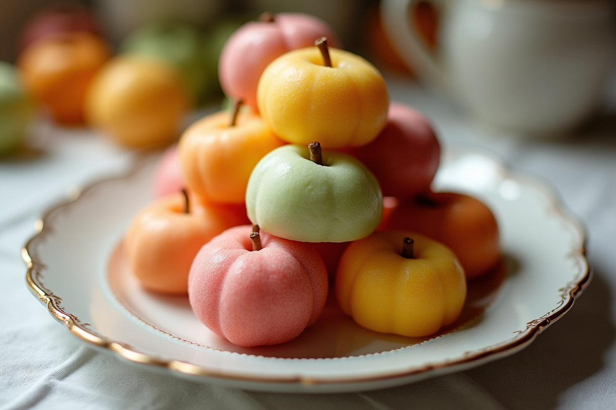 Fruits en marzipan colorés disposés sur une assiette vintage
