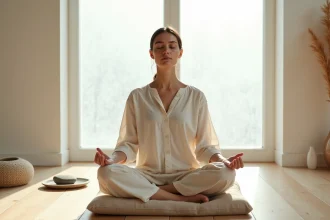 Femme en méditation assise en tailleur, yeux fermés, dans un espace minimaliste en bois clair, illustrant la spiritualité et les expériences visuelles intérieures