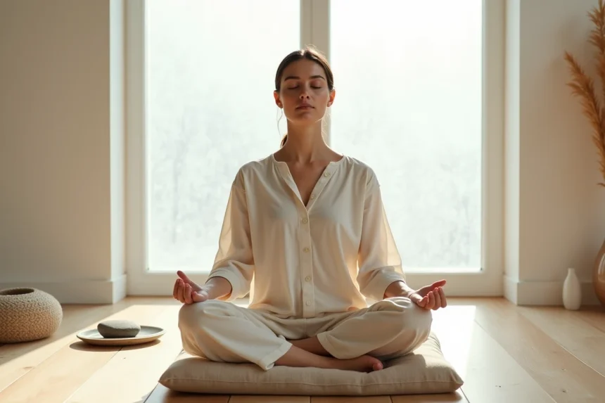 Femme en méditation assise en tailleur, yeux fermés, dans un espace minimaliste en bois clair, illustrant la spiritualité et les expériences visuelles intérieures