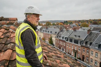 Couvreur professionnel en Meurthe-et-Moselle debout sur un toit traditionnel avec vue sur les toits de Lorraine