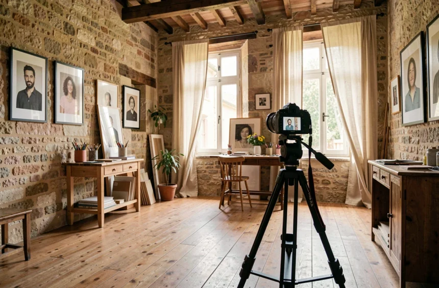 Studio de photographie portrait en Occitanie avec murs en pierre et tirages encadrés
