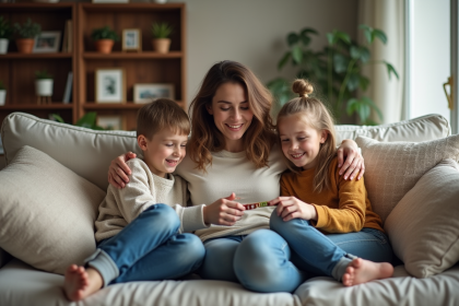 Femme et deux enfants jouent à un jeu de société dans le salon