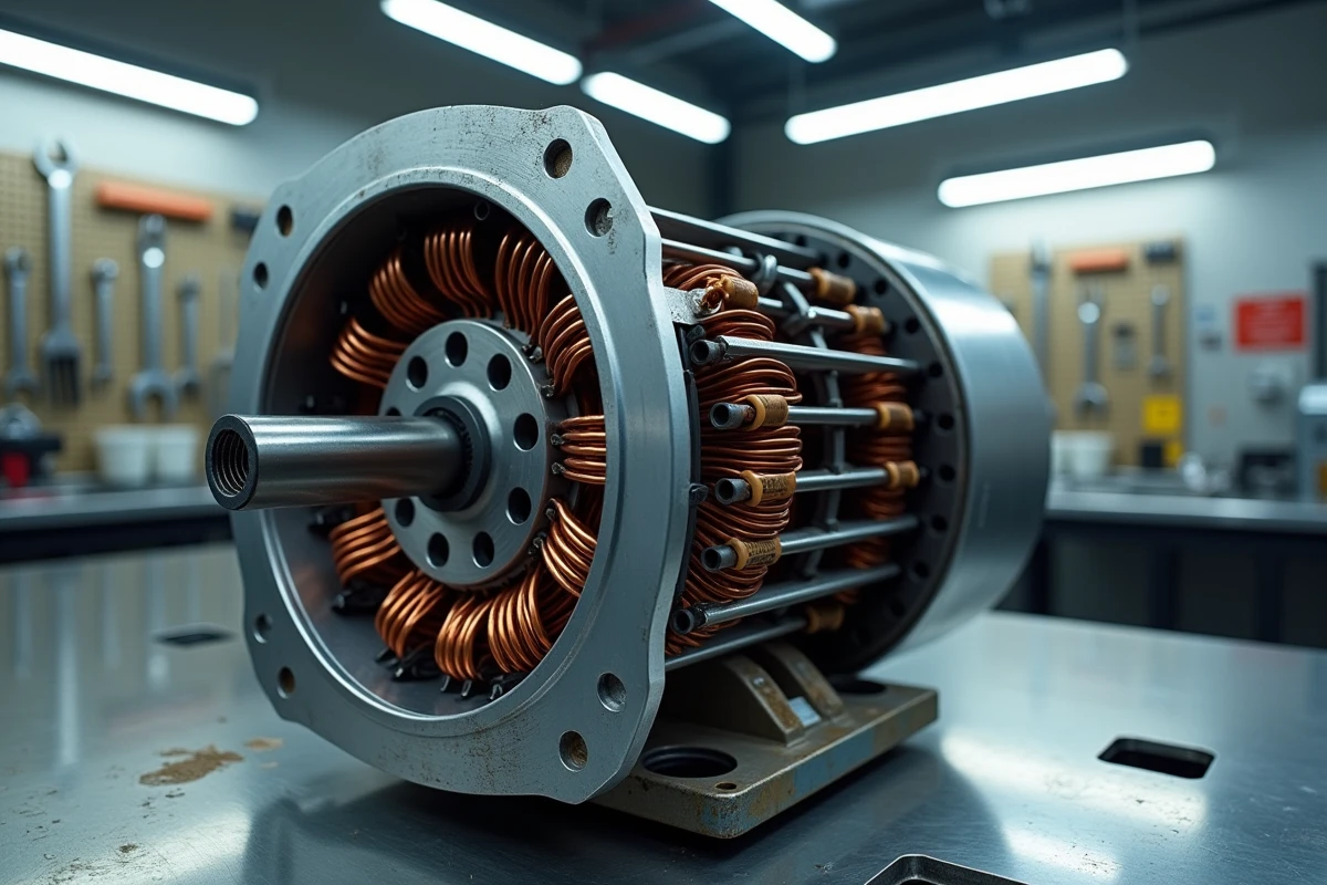 Moteur asynchrone triphasé démonté sur un établi d'atelier de maintenance industrielle avec détails des bobinages
