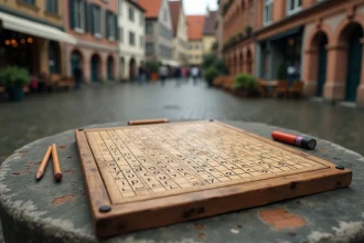 Grille de mots croisés en bois posée sur une table en pierre dans une place belge historique avec des maisons de guildes flamandes en arrière-plan
