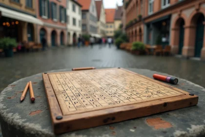 Grille de mots croisés en bois posée sur une table en pierre dans une place belge historique avec des maisons de guildes flamandes en arrière-plan