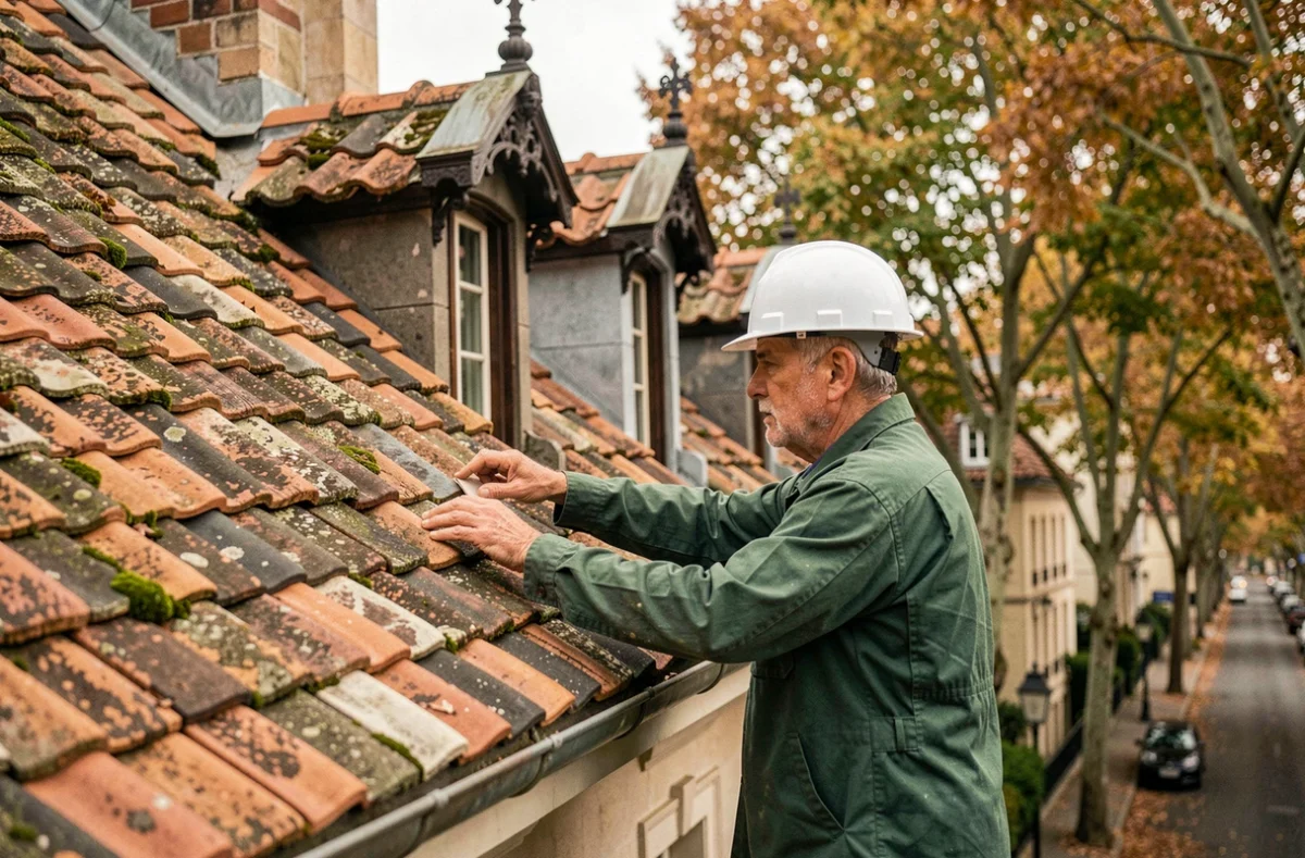 Expert de Nancy Toiture inspectant les tuiles d'une villa Art Nouveau à Nancy avec ornements en ferronnerie