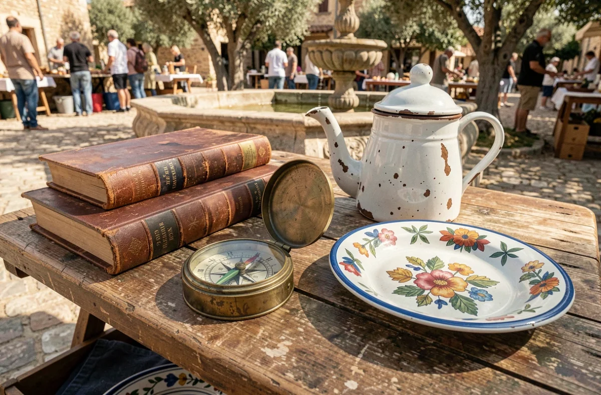 Objets de brocante provençaux sur une table en bois usée lors d'un vide-grenier en plein air dans les Alpes-Maritimes