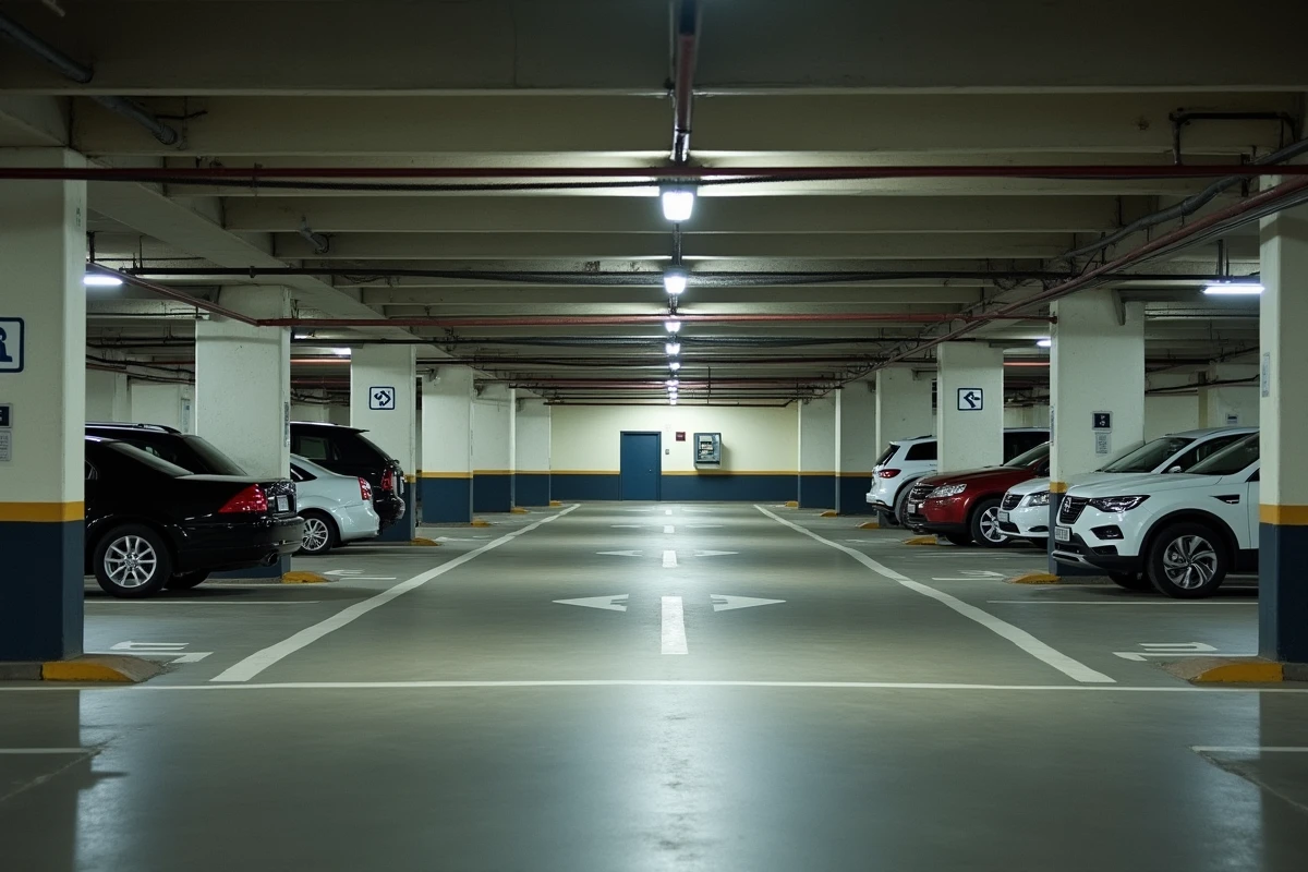 Intérieur d'un parking souterrain près du centre commercial Tour Montparnasse avec bornes de paiement