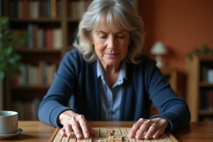 Femme plaçant une tuile de Scrabble classique sur un plateau en bois, vue en plongée sur une table en chêne