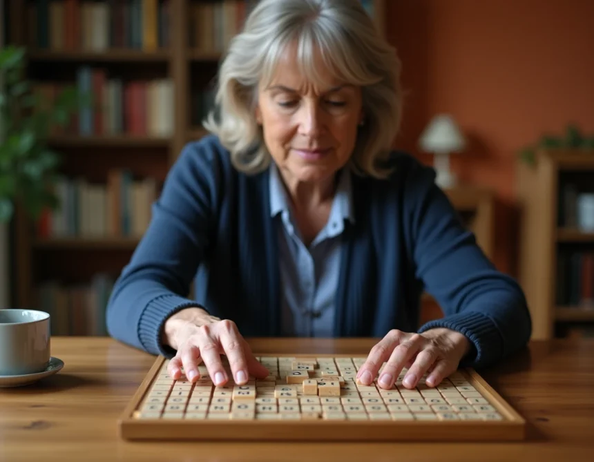 Femme plaçant une tuile de Scrabble classique sur un plateau en bois, vue en plongée sur une table en chêne