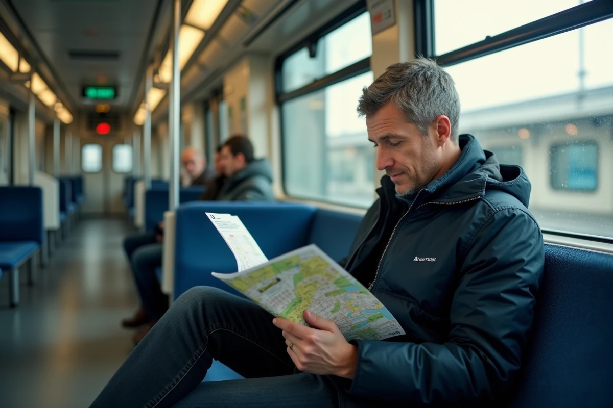 Passager étudiant un plan de zones RER Île-de-France à bord d'un train en mouvement