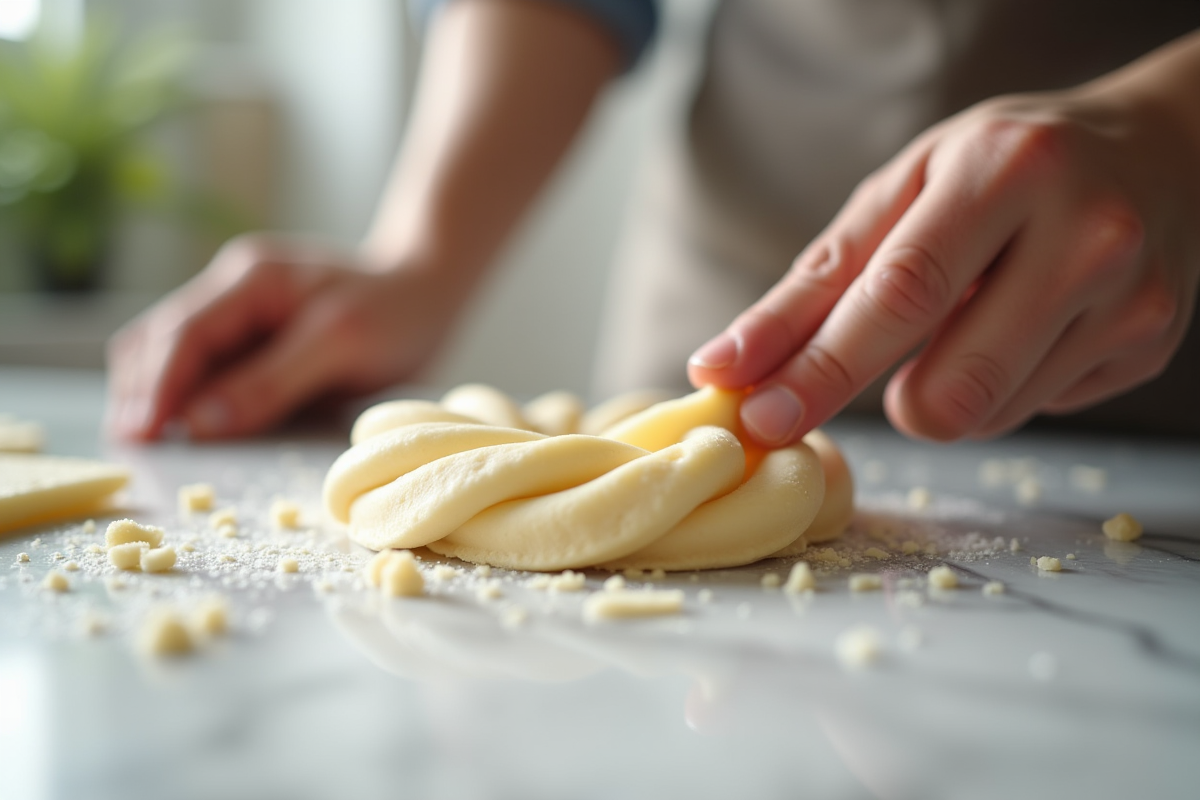 Pâte d'amande fraîche façonnée à la main sur un plan de travail en marbre