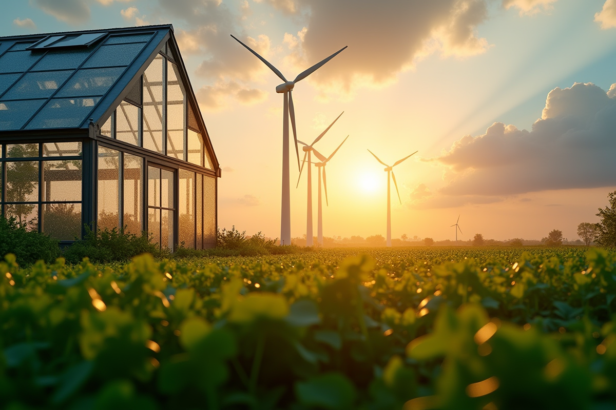 Paysage rural avec éoliennes et panneaux solaires dans une serre