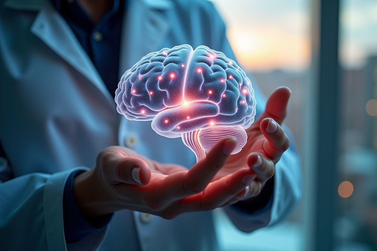Personne tenant un modele de cerveau avec symboles quantiques