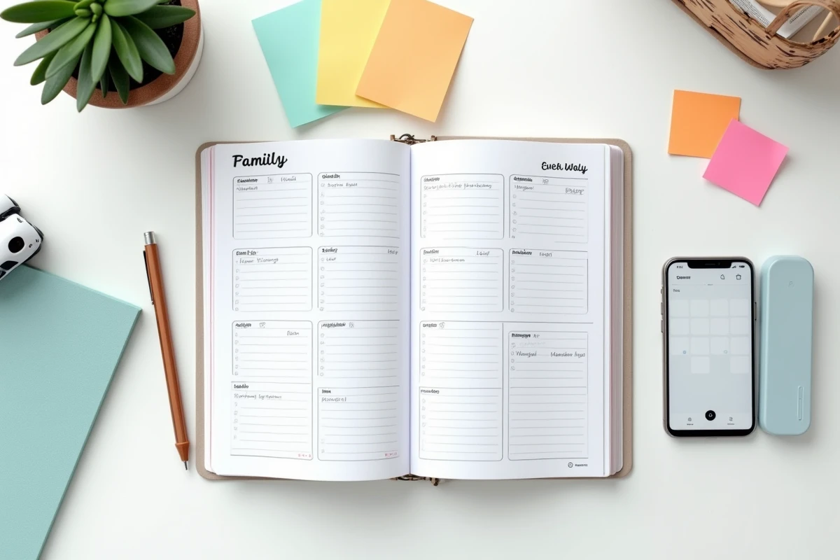 Vue aérienne d'un carnet de planning familial avec semaines paires notées pour organiser la garde alternée