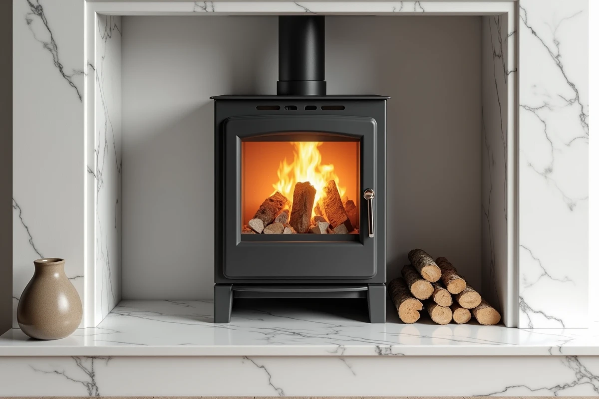 Détail d'un poêle à bois design encastré dans une niche en marbre blanc avec braises visibles et bûches de chêne