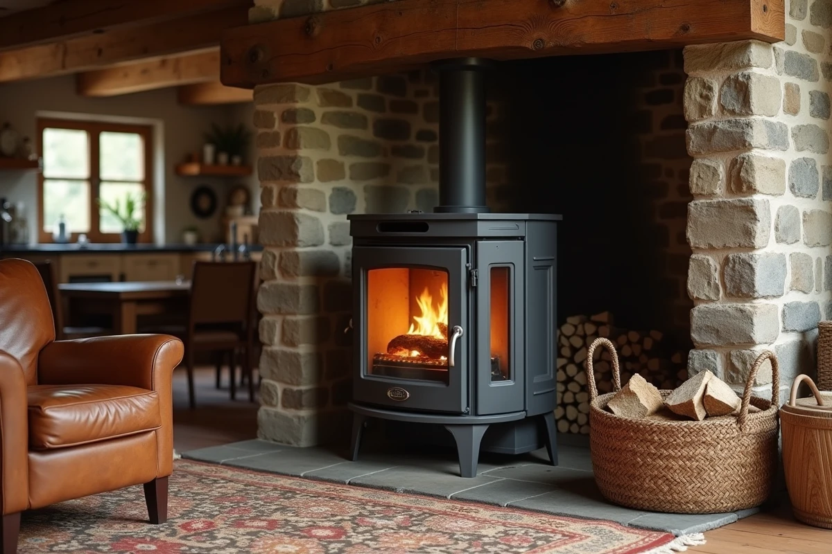 Poêle à bois cylindrique en acier anthracite dans un salon campagne chic avec fauteuil en cuir et panier à bûches en rotin