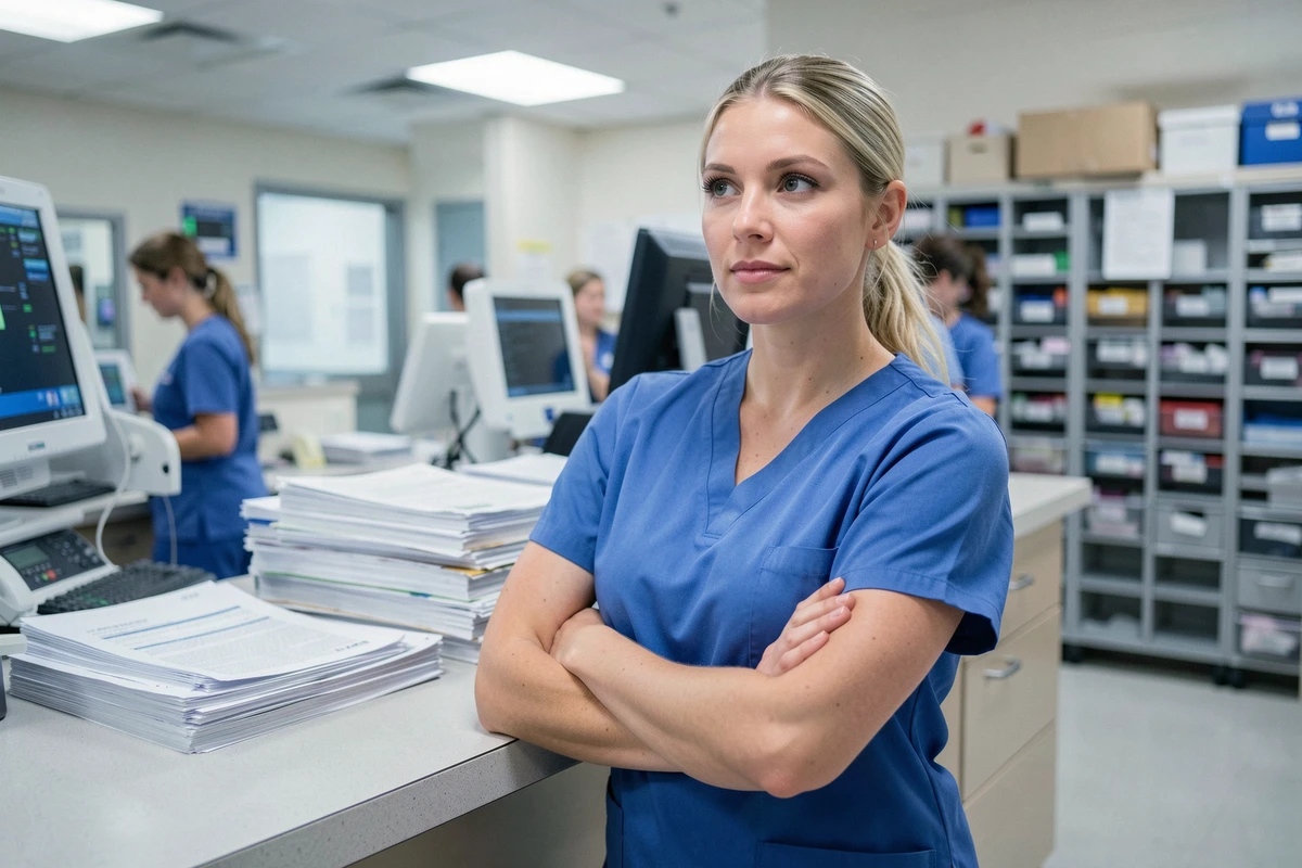 Femme en tenue médicale appuyée contre un poste infirmier, portrait authentique inspiré du rôle de Jennifer Morrison dans Dr House