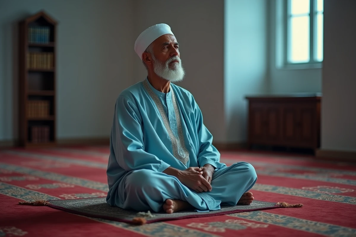 Homme âgé en recueillement après la prière de l'isha dans une mosquée d'Annemasse le soir