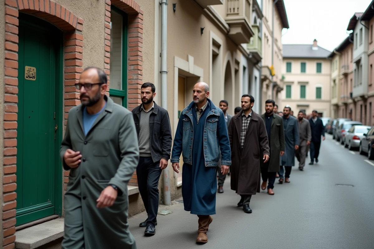 Fidèles entrant dans une mosquée pour la prière du vendredi jumu'a à Annemasse