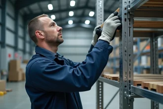 Ouvrier installant un profilé en L inox sur une étagère métallique dans un entrepôt industriel