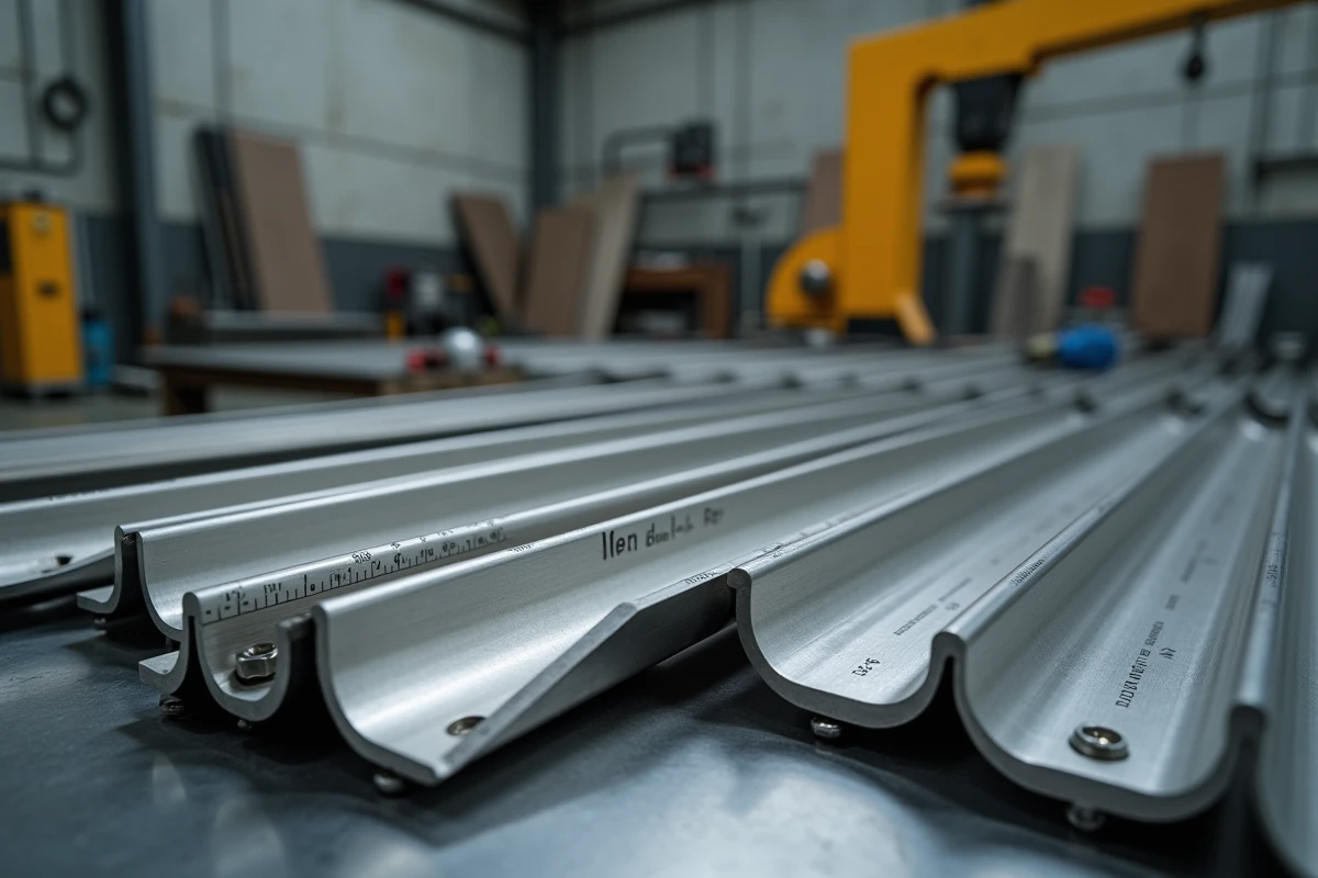 Gros plan sur des profilés en L inox posés sur un établi dans un atelier de fabrication métallique