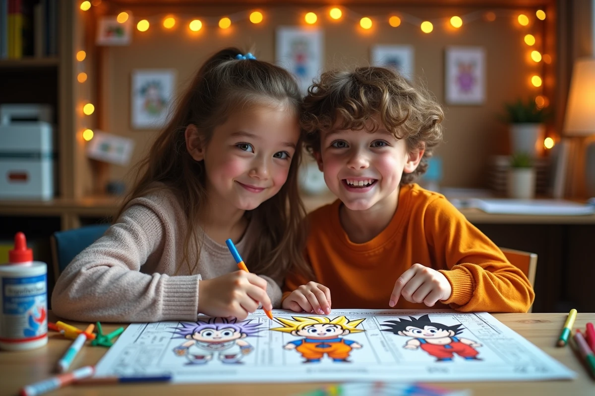 Deux adolescents collaborant sur un projet de décoration Dragon Ball avec des coloriages et des découpes sur un bureau partagé