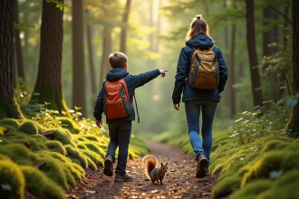 Fils et mère en randonnée dans une forêt dense