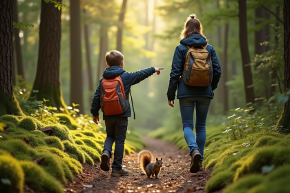 Fils et mère en randonnée dans une forêt dense