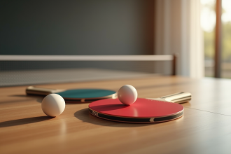 Deux raquettes de ping pong et une balle sur une table moderne