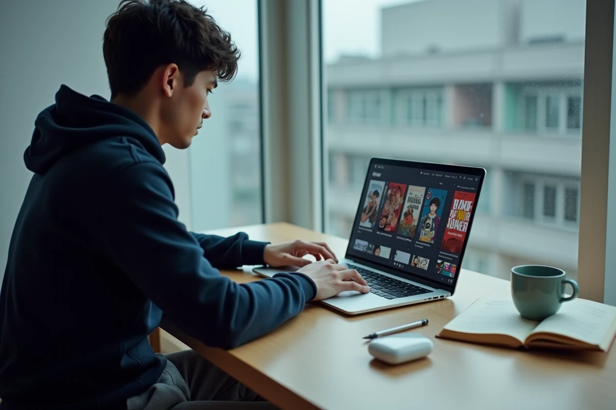 Jeune homme cherchant des mangas à lire en ligne sur un site comme Sushi Scans, assis à un bureau minimaliste avec un ordinateur portable et une tasse de thé vert