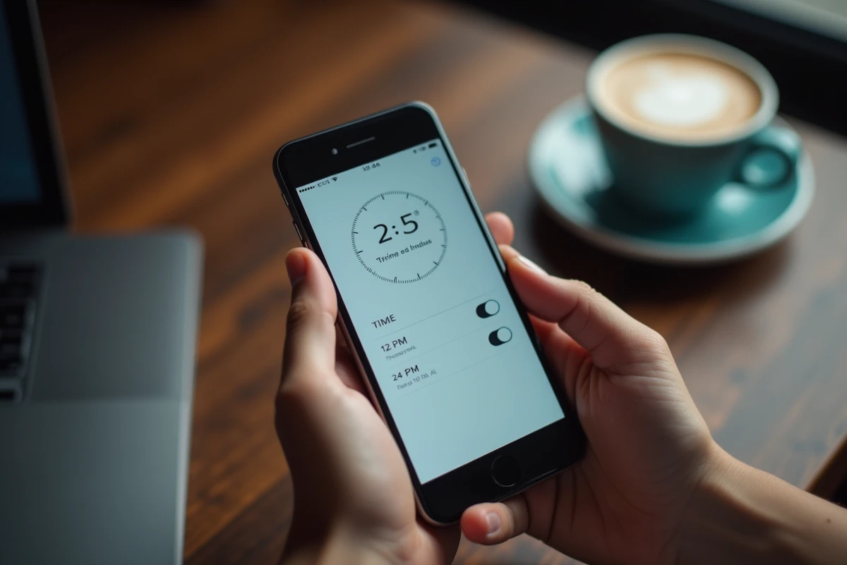 Gros plan sur un écran de smartphone affichant les options de conversion entre format AM PM et format 24 heures