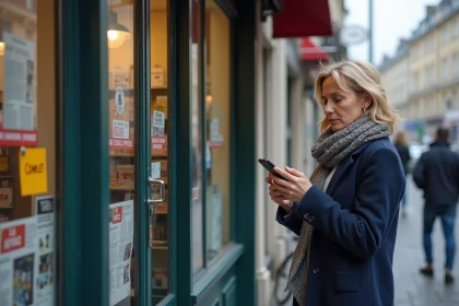 Femme devant un relais Chronopost affichant complet, consultant son téléphone pour trouver un point relais alternatif à proximité