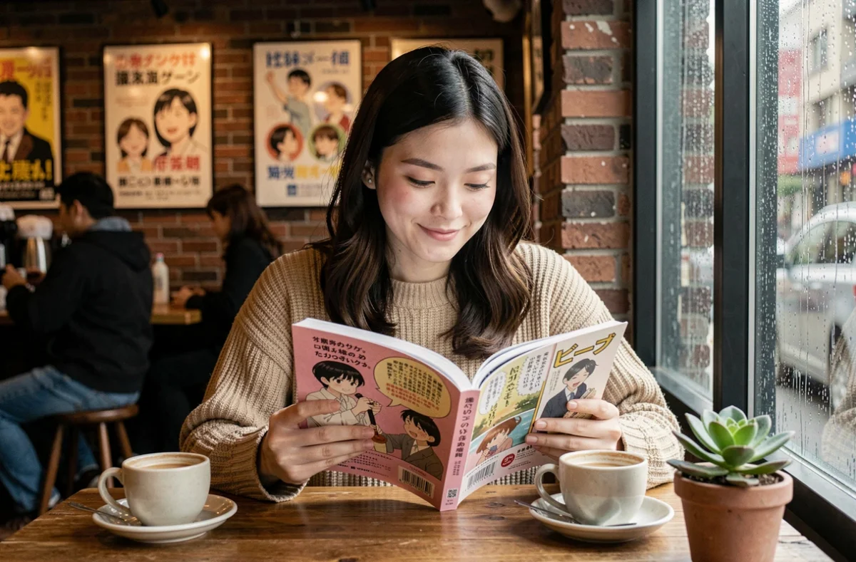 Jeune femme relisant One Piece dans un café avant la conclusion de l'arc en cours du manga