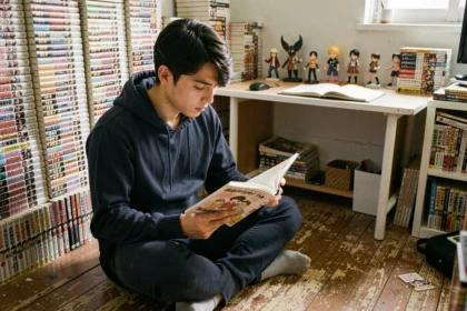 Jeune homme relisant des tomes de manga One Piece empilés dans sa chambre avant la fin de l'arc actuel