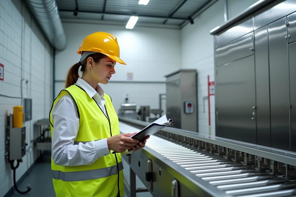 Responsable logistique inspectant une structure en profilé L inox dans une usine agroalimentaire