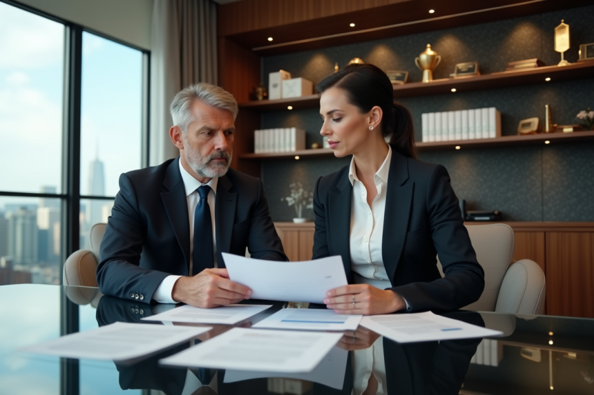 Homme et femme d'affaires discutant de documents financiers dans un bureau moderne
