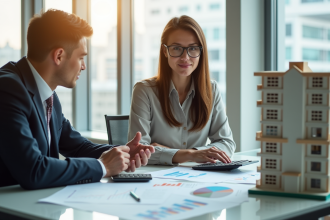 Businesswoman et businessman analysant des documents immobiliers