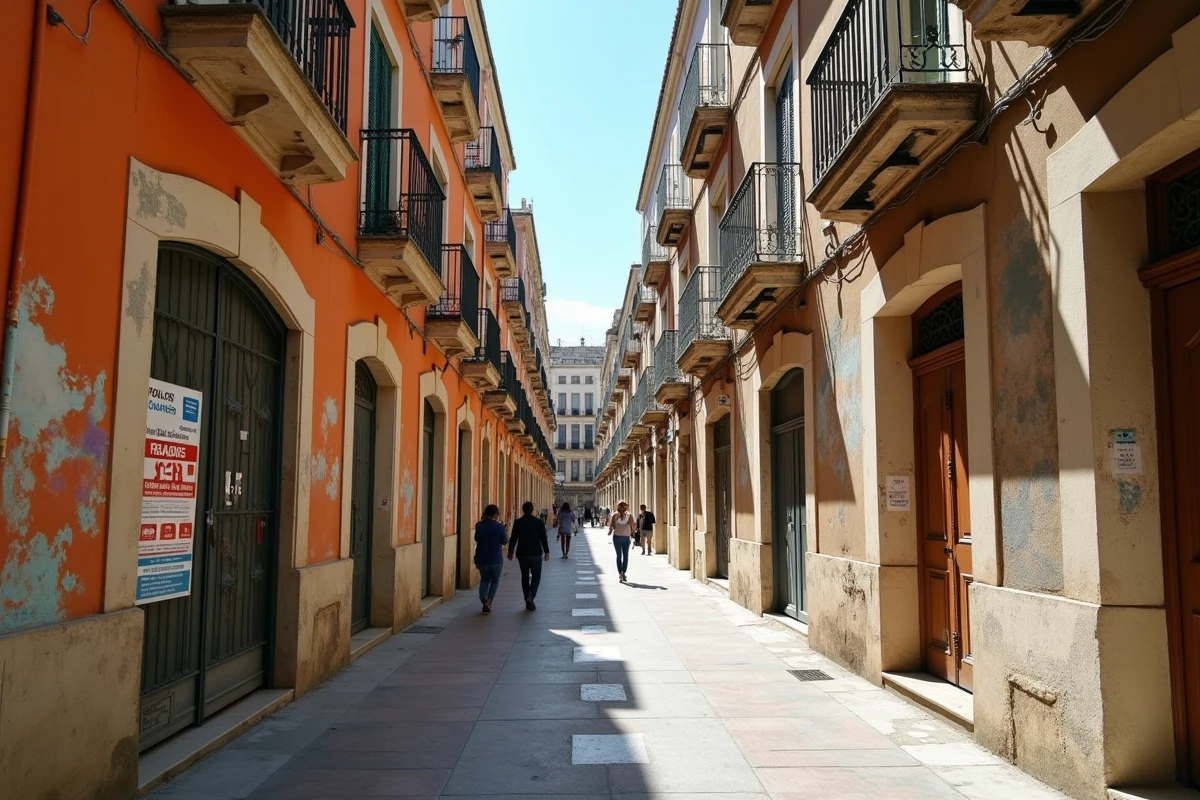 Rue typique des quartiers nords de Marseille montrant le contraste entre bâtiments rénovés et façades dégradées