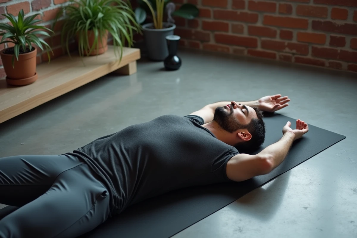 Homme allongé en posture de savasana sur un tapis de yoga, yeux fermés, dans une pièce de yoga avec mur en briques apparentes, représentant l'état méditatif profond