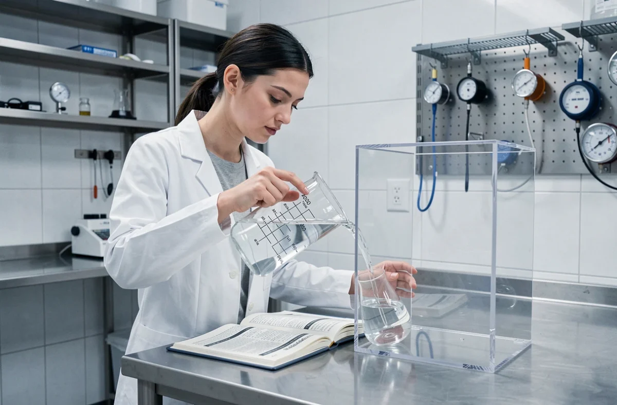 Scientifique en laboratoire convertissant des litres en mètres cubes avec des instruments de mesure graduée