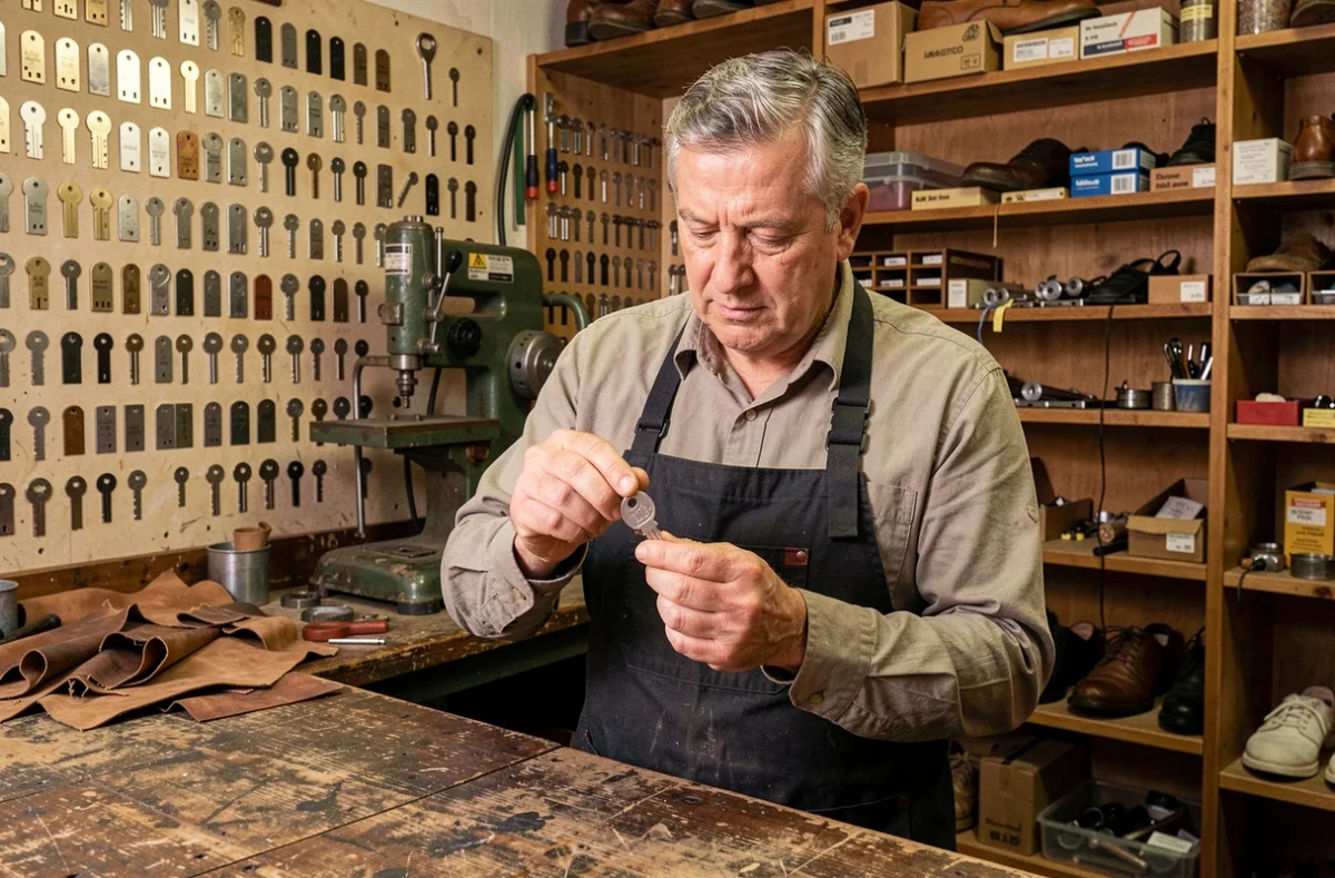 Artisan de la Serrurerie-Cordonnerie DAVTIAN tenant une clé fraîchement découpée dans son atelier de Marseille