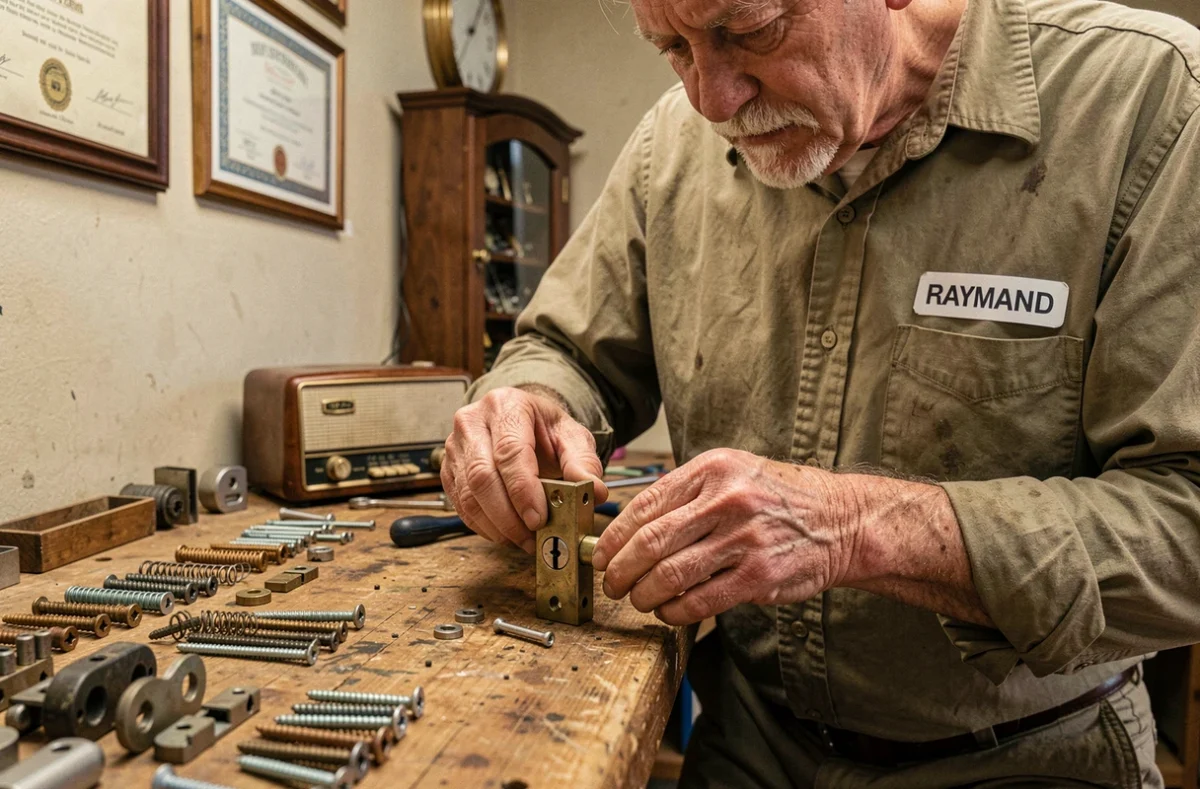 Serrurier expérimenté de la Serrurerie Raymond assemblant une serrure sur son établi dans son atelier marseillais