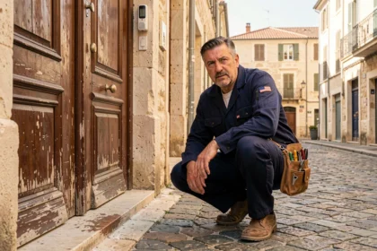 Serrurier professionnel au travail devant une porte ancienne dans une rue de Marseille, vue grand angle de la ville